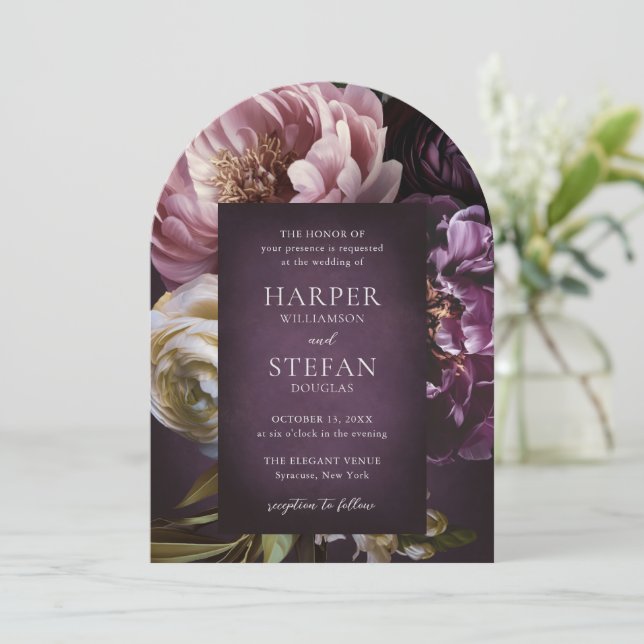 Elegant Maximalist Purple Floral Wedding Invitation (Standing Front)