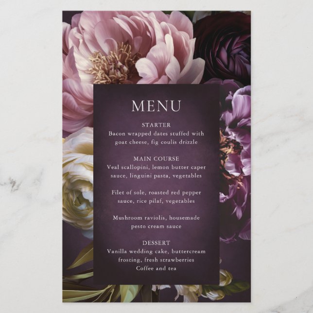 Elegant Maximalist Purple Floral Wedding Menu Flyer (Front)