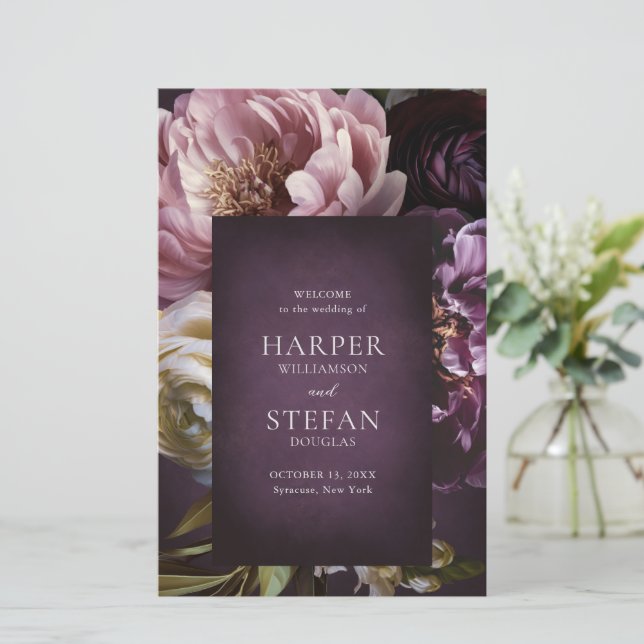Elegant Maximalist Purple Floral Wedding Program (Standing Front)