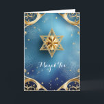 Elegant Mazal Tov, 5" x 7" Folded Greeting Card<br><div class="desc">Gold Star of David with exquisite gold details against a blue background; the greeting is "Mazal Tov" on the front. The inside has been left blank for you to personalize this elegant card. Suggested for weddings, birthdays, bar mitzvahs, bat mitzvahs, and other special occasions or holidays.</div>