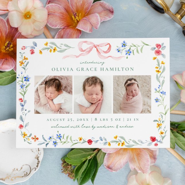 Elegant Meadow Blooms Pink Bow 3 Photo Birth Letterpress Photo Cards (Creator Uploaded)