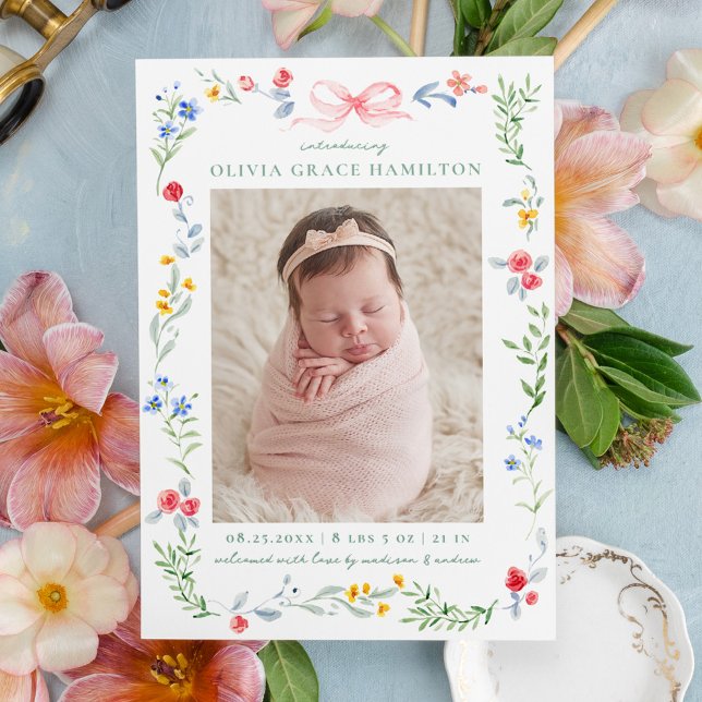 Elegant Meadow Blooms Pink Bow Birth Letterpress Photo Cards (Creator Uploaded)
