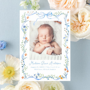 Elegant Meadow Floral Blue Bow Birth Letterpress Photo Cards