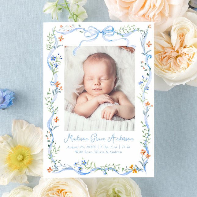 Elegant Meadow Floral Blue Bow Birth Letterpress Photo Cards (Creator Uploaded)
