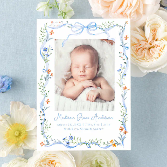 A birth announcement card with both digital printing on the framed design and the image, paired with letterpress printing on the text.