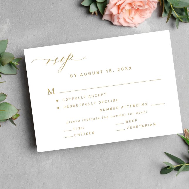 Elegant meals option gold and white wedding RSVP card (Creator Uploaded)