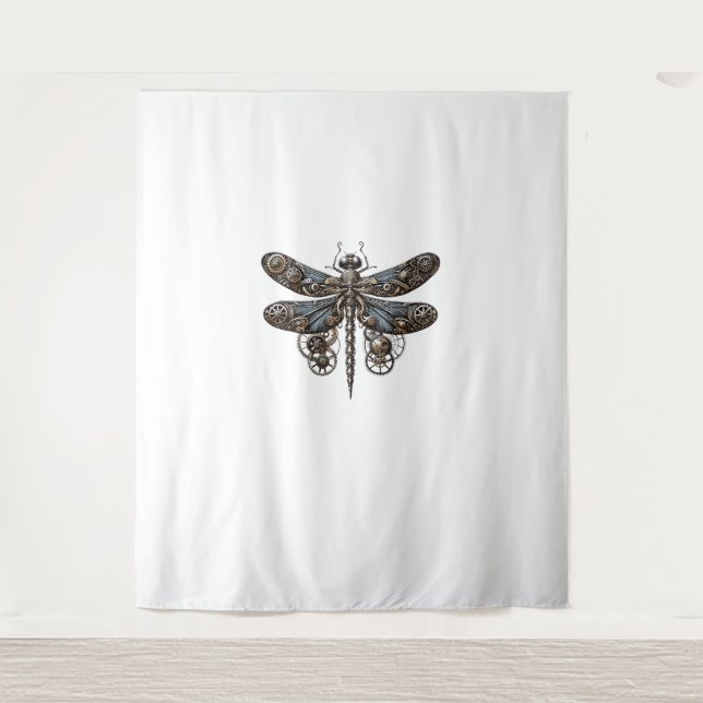 Elegant Mechanical Dragonfly in Steampunk Splendor Tapestry (Front)