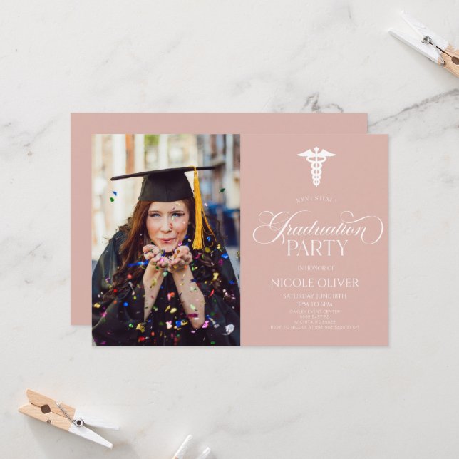 Elegant Medical Caduceus Custom Picture Graduation Invitation | Zazzle
