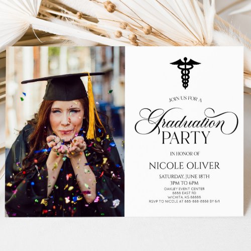Elegant Medical Caduceus Custom Picture Graduation Invitation