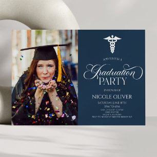 Elegant Medical Caduceus Custom Picture Graduation Invitation