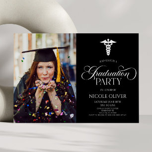 Elegant Medical Caduceus Custom Picture Graduation Invitation