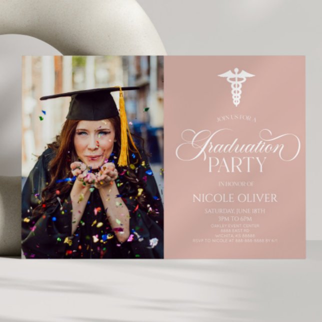 Elegant Medical Caduceus Custom Picture Graduation Invitation (Creator Uploaded)