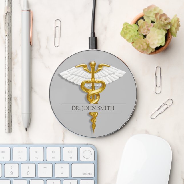 Elegant Medical Gold Caduceus White Wings Wireless Charger (Desk)