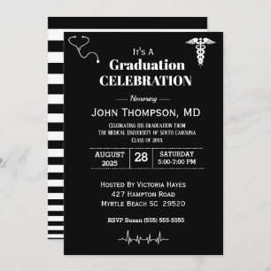 Elegant Medical Graduation Party Black and White Invitation
