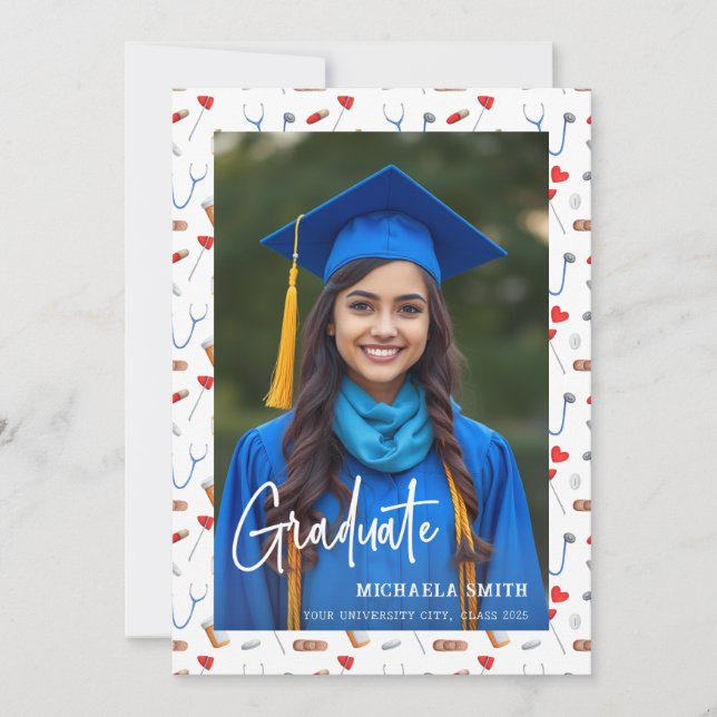 Elegant Medical Nurse Script Photo Graduate  Announcement (Front)