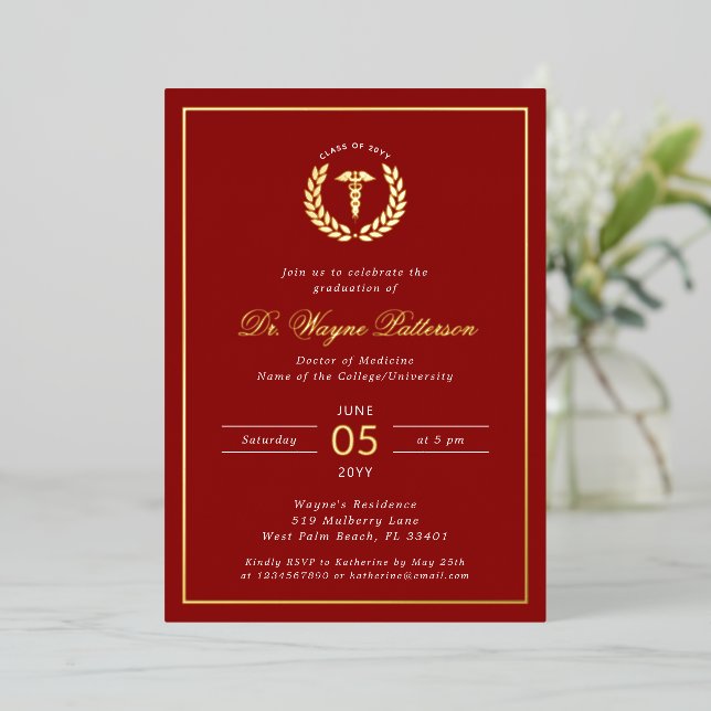 Elegant Medical School Graduation Party Foil Invitation (Standing Front)
