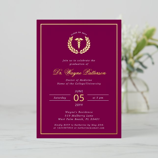Elegant Medical School Graduation Party Foil Invitation (Standing Front)