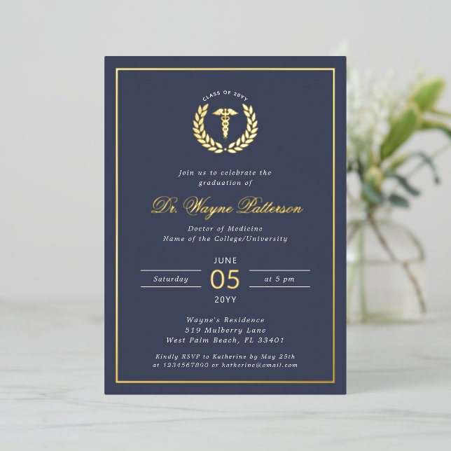 Elegant Medical School Graduation Party Foil Invitation (Standing Front)