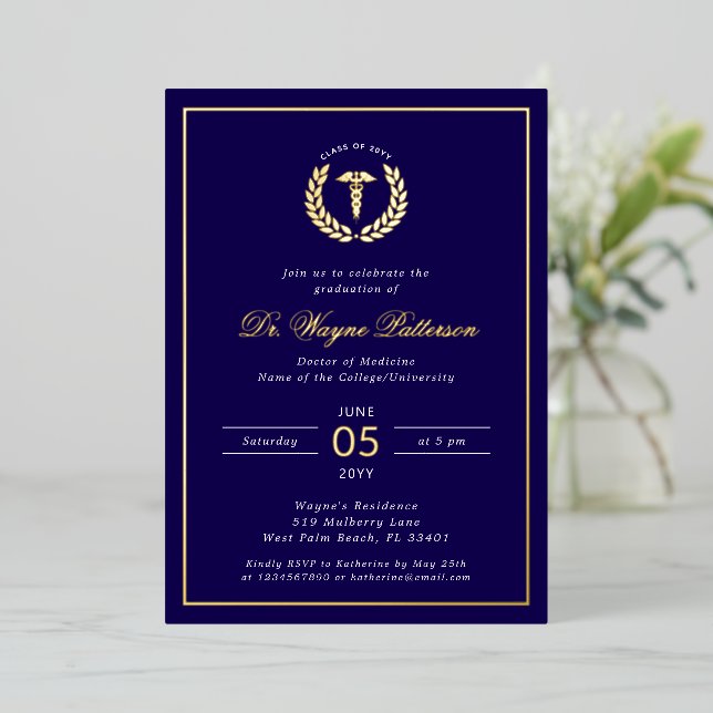 Elegant Medical School Graduation Party Foil Invitation (Standing Front)
