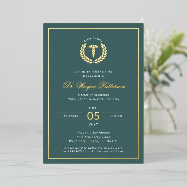 Elegant Medical School Graduation Party Foil Invitation (Standing Front)