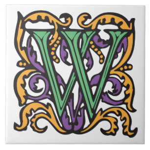 Elegant Medieval Green Letter W Monogram Tile