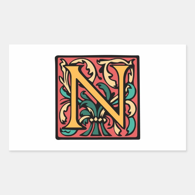 Elegant Medieval Initial N Antique Monogram Rectangular Sticker (Front)