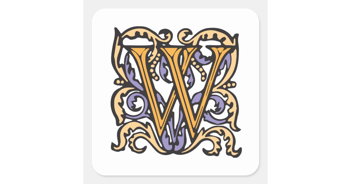 Elegant Medieval Letter W Antique Monogram Square Sticker | Zazzle.com