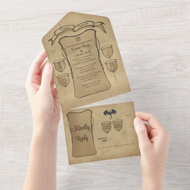 Elegant Medieval Scroll Character Sheet  All In One Invitation (Tearaway)