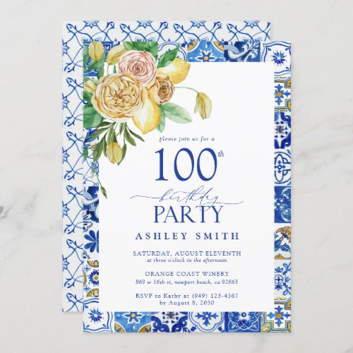 Elegant Mediterranean 100th Birthday Party Lemon  Invitation