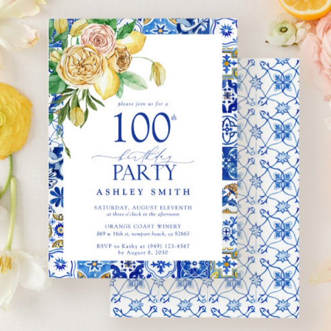 Elegant Mediterranean 100th Birthday Party Lemon  Invitation (Creator Uploaded)