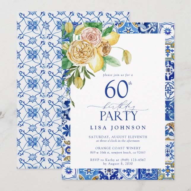Elegant Mediterranean 60th Birthday Party Lemon  Invitation (Front/Back)