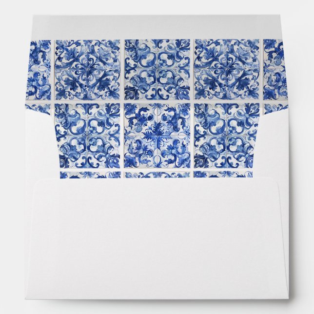 Elegant Mediterranean Blue Tiles Wedding Envelope (Back (Bottom))