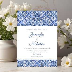 Elegant Mediterranean Blue Tiles Wedding Invitatio Invitation