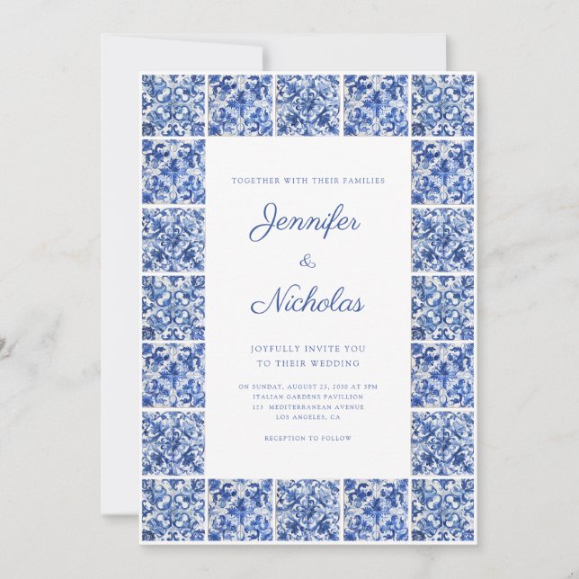 Elegant Mediterranean Blue Tiles Wedding Invitation (Front)