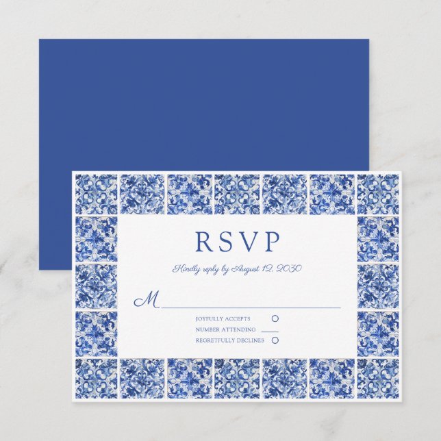 Elegant Mediterranean Blue Tiles Wedding RSVP Card (Front/Back)
