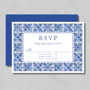 Elegant Mediterranean Blue Tiles Wedding RSVP Card