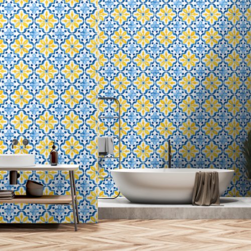 Elegant Mediterranean Blue Yellow Tile Pattern  Wallpaper