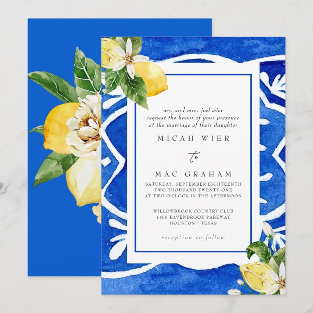 Elegant Mediterranean Floral & Lemon II Wedding Invitation (Front/Back)