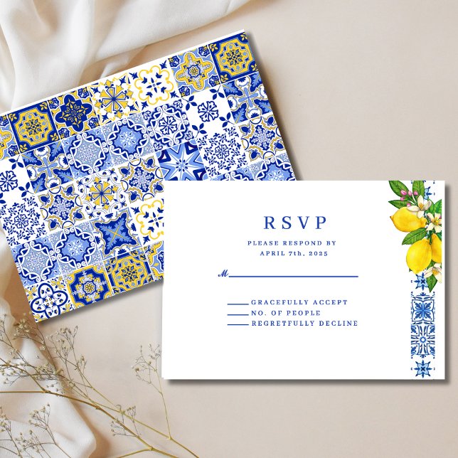 Elegant Mediterranean Lemon and Blue Wedding RSVP Card (Creator Uploaded)