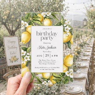 Elegant Mediterranean Lemon Blossom Birthday Acrylic Invitations