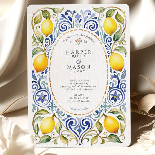 Elegant Mediterranean Lemon & Blue Tile Wedding Invitation