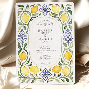 Elegant Mediterranean Lemon & Blue Tile Wedding Invitation