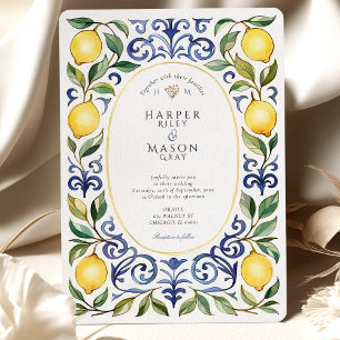 Elegant Mediterranean Lemon & Blue Tile Wedding Invitation