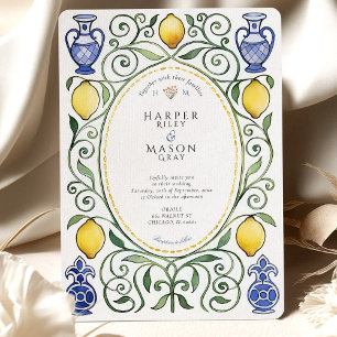 Elegant Mediterranean Lemon & Blue Tile Wedding Invitation