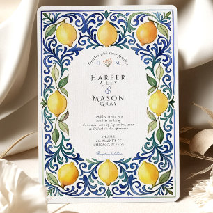 Elegant Mediterranean Lemon & Blue Tile Wedding Invitation