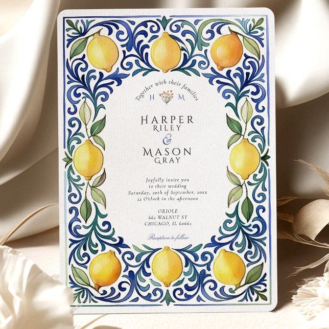Elegant Mediterranean Lemon & Blue Tile Wedding Invitation (Creator Uploaded)