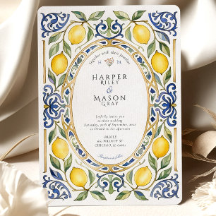 Elegant Mediterranean Lemon & Blue Tile Wedding Invitation