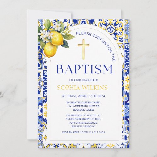 Elegant Mediterranean Lemon Blue Tiles Baptism Invitation