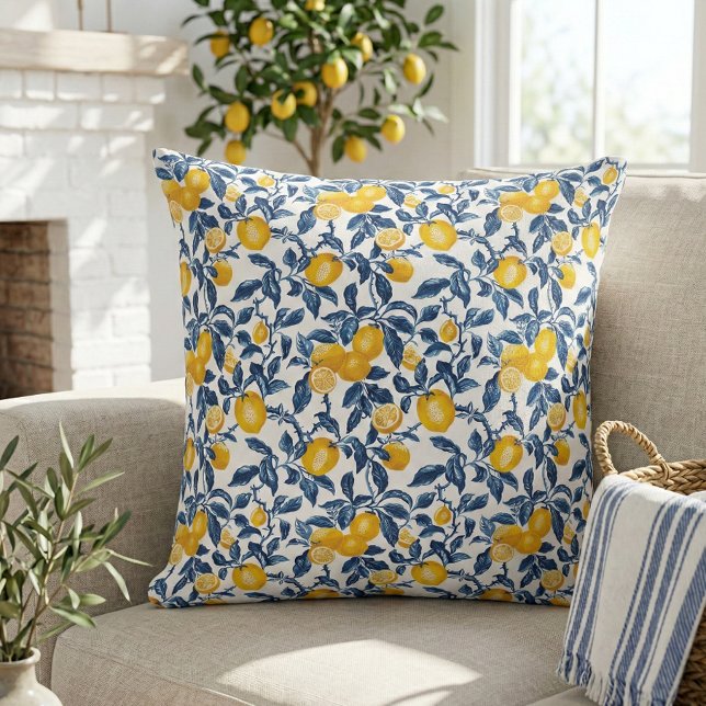 Elegant Mediterranean Lemon Botanical  Throw Pillow (Elegant mediterranean lemon  botanical pattern throw pillow)