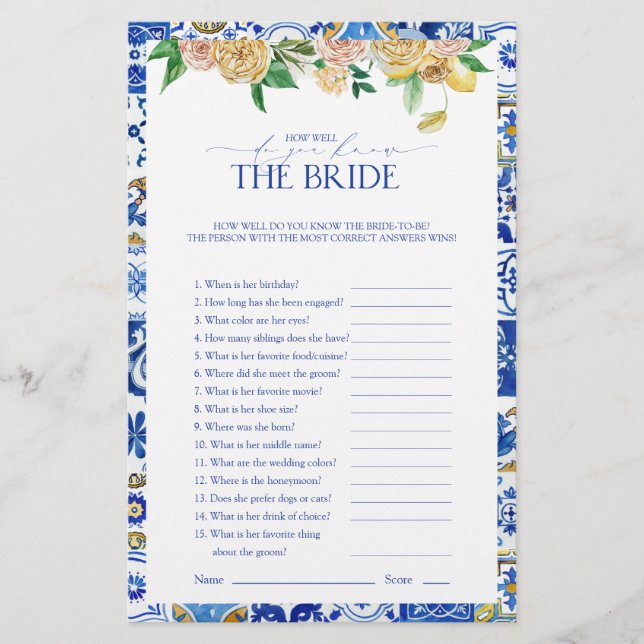 Elegant Mediterranean Lemon Bridal Shower Game (Front)